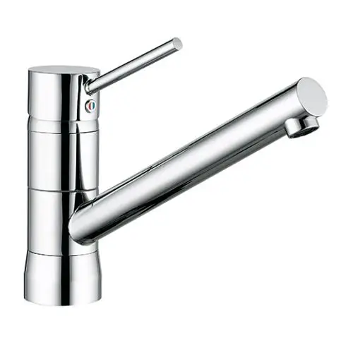 Chromfarbener Küchenarmatur von Kludi mit einem langen Auslauf und einem schwenkbaren Wasserstrahl. Der Hebel zur Temperaturregulierung ist an der Oberseite montiert.